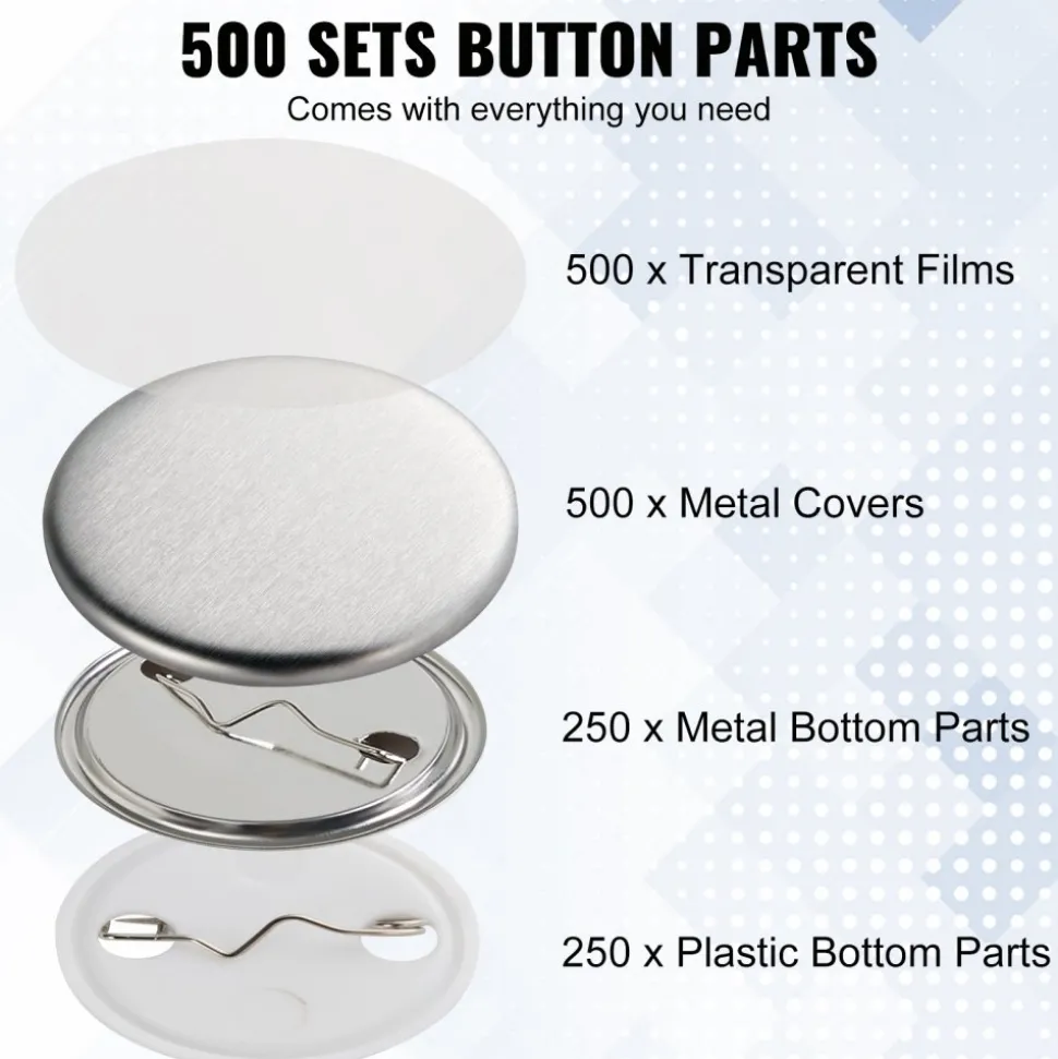 VEVOR 500 Sets 1.25 inch 32mm Pin Back Button Parts, DIY Round Button Badge Parts, Set Includes Metal Top, Plastic/Metal Button, Clear Film, and Blank Paper For Gifts Presents, Machine NOT Included