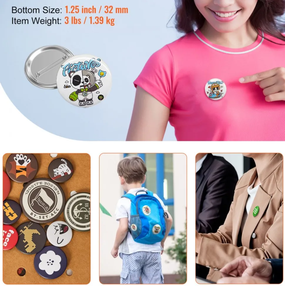 VEVOR 500 Sets 1.25 inch 32mm Pin Back Button Parts, DIY Round Button Badge Parts, Set Includes Metal Top, Plastic/Metal Button, Clear Film, and Blank Paper For Gifts Presents, Machine NOT Included