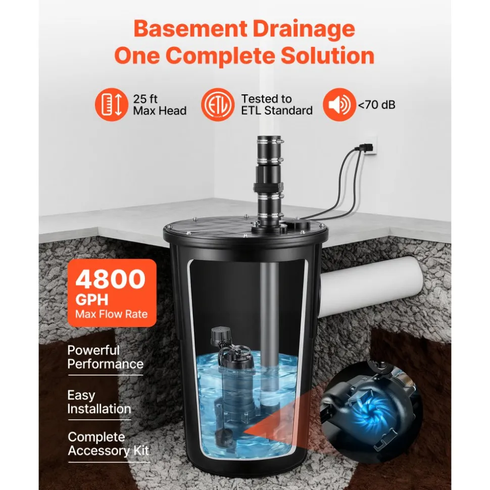VEVOR Sewage Pump System, 1/2 HP, 4800 GPH Cast Iron Sewage Pump with Basin Kit, 120 Volt Automatic Outdoor Water/Seepage Collection and Removal System with Vertical Float Switch, 2" Discharge, Black