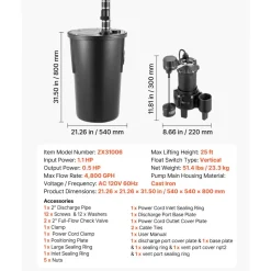 VEVOR Sewage Pump System, 1/2 HP, 4800 GPH Cast Iron Sewage Pump with Basin Kit, 120 Volt Automatic Outdoor Water/Seepage Collection and Removal System with Vertical Float Switch, 2