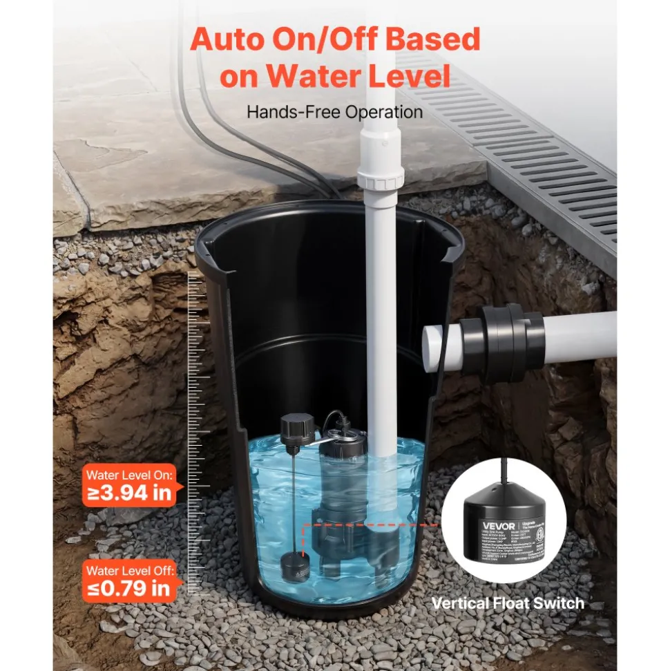 VEVOR Sewage Pump System, 1/2 HP, 4800 GPH Cast Iron Sewage Pump with Basin Kit, 120 Volt Automatic Outdoor Water/Seepage Collection and Removal System with Vertical Float Switch, 2" Discharge, Black