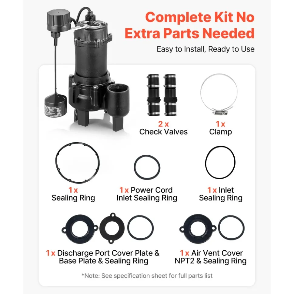 VEVOR Sewage Pump System, 1/2 HP, 4800 GPH Cast Iron Sewage Pump with Basin Kit, 120 Volt Automatic Outdoor Water/Seepage Collection and Removal System with Vertical Float Switch, 2" Discharge, Black