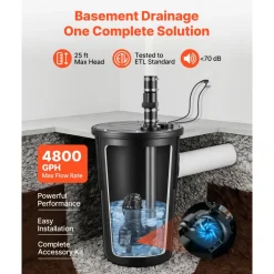 VEVOR Sewage Pump System, 1/2 HP, 4800 GPH Cast Iron Sewage Pump with Basin Kit, 120 Volt, Automatic On/Off Outdoor Water/Seepage Collection and Removal System with Float Switch, 2
