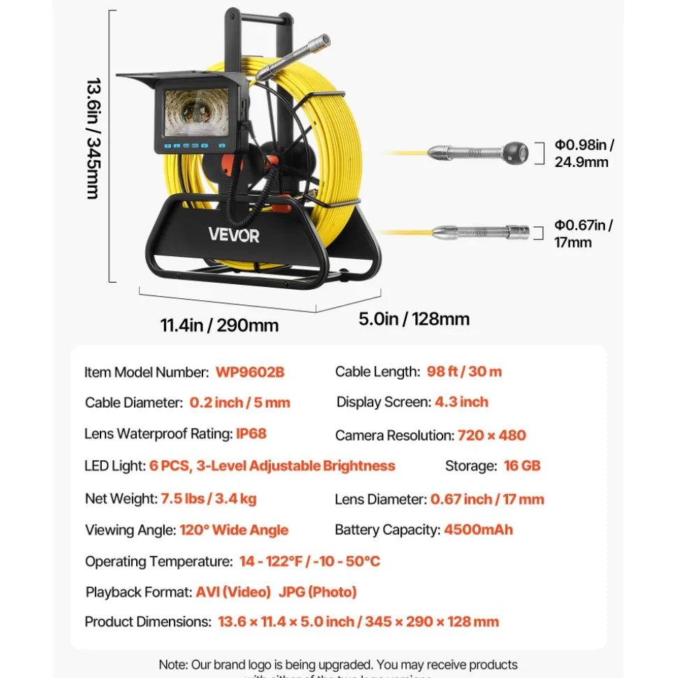 VEVOR Sewer Camera, 98 ft/30m, 4.3" Drain Inspection Camera, IP68 Waterproof Snake Plumbing Camera with Lights - 6 Adjustable LEDs, 4500mAh Battery & 16GB Card for Sewer Line Duct Pipes