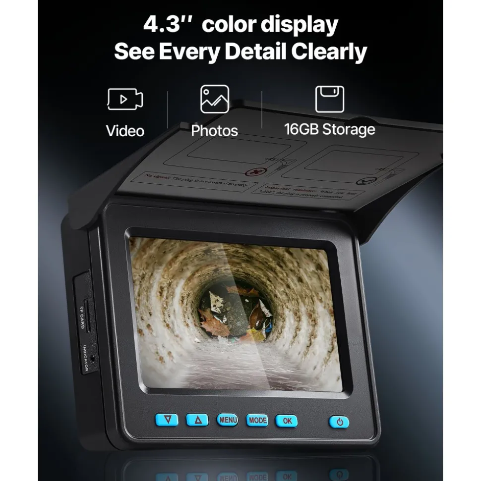 VEVOR Sewer Camera, 98 ft/30m, 4.3" Drain Inspection Camera, IP68 Waterproof Snake Plumbing Camera with Lights - 6 Adjustable LEDs, 4500mAh Battery & 16GB Card for Sewer Line Duct Pipes