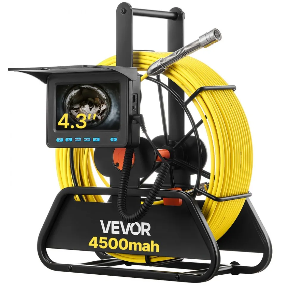 VEVOR Sewer Camera, 164 ft/50m, 4.3" Drain Inspection Camera, IP68 Waterproof Snake Plumbing Camera with Lights - 6 Adjustable LEDs, 4500mAh Battery & 16GB Card for Sewer Line Duct Pipes