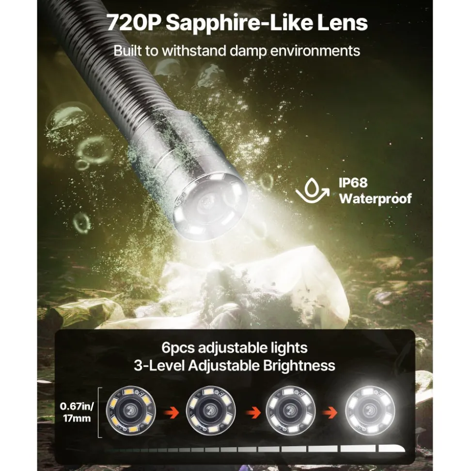 VEVOR Sewer Camera, 164 ft/50m, 4.3" Drain Inspection Camera, IP68 Waterproof Snake Plumbing Camera with Lights - 6 Adjustable LEDs, 4500mAh Battery & 16GB Card for Sewer Line Duct Pipes
