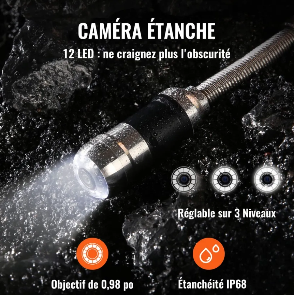 VEVOR Sewer Camera, 100 ft/30 m, 7" Screen Pipeline Inspection Camera with DVR Function, Waterproof IP68 Camera, 12 pcs Adjustable LEDs, with a 16 GB SD Card for Sewer Line, Duct Drain Pipe Plumbing