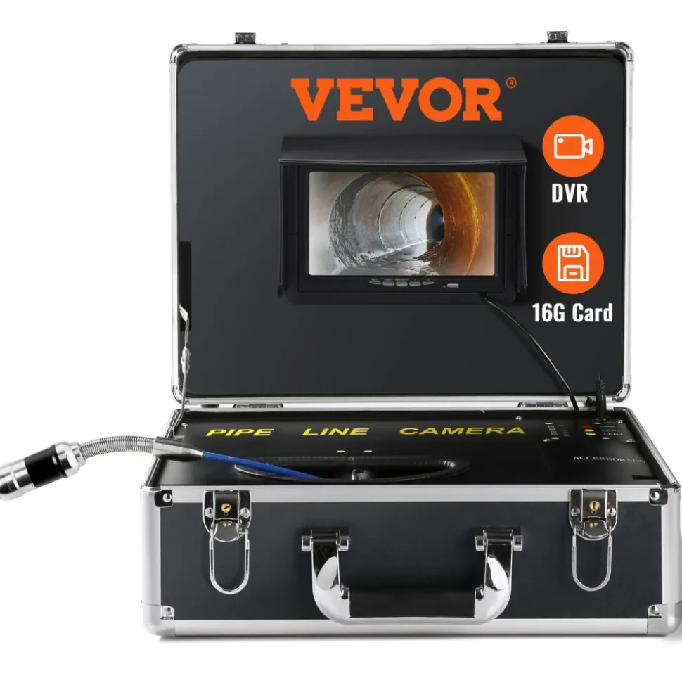 VEVOR Sewer Camera, 100 ft/30 m, 7" Screen Pipeline Inspection Camera with DVR Function, Waterproof IP68 Camera, 12 pcs Adjustable LEDs, with a 16 GB SD Card for Sewer Line, Duct Drain Pipe Plumbing