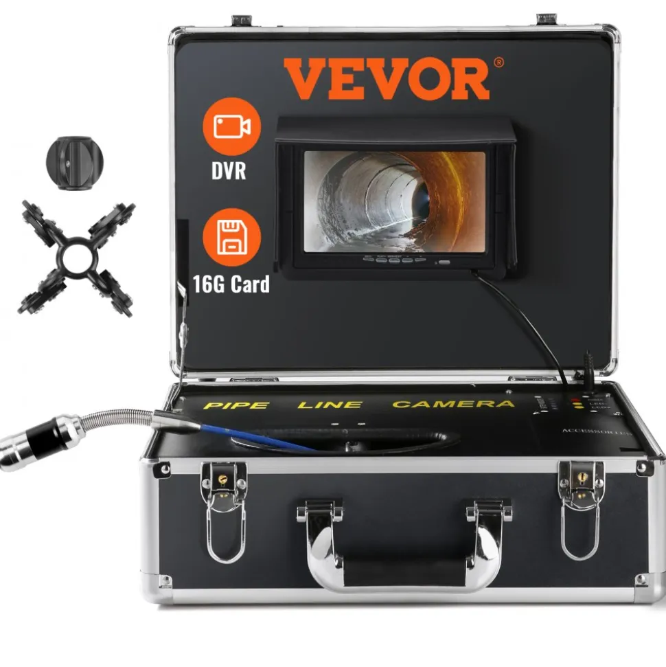 VEVOR Sewer Camera, 100 ft/30 m, 7" Screen Pipeline Inspection Camera with DVR Function, Waterproof IP68 Camera, 12 pcs Adjustable LEDs, with a 16 GB SD Card for Sewer Line, Duct Drain Pipe Plumbing