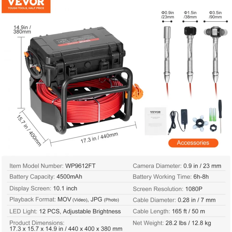 VEVOR Sewer Camera, 328 ft/100m, Self-Leveling Drain Camera with 10.1" Touchscreen, 512Hz Transmitter & Distance Counter, IP67 Snake Plumbing Camera with Lights-12 LED, 32GB Card for Duct Pipe