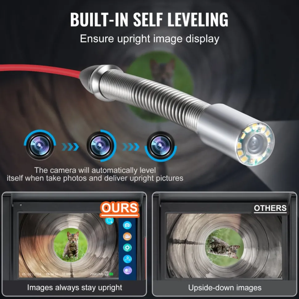 VEVOR Sewer Camera, 328 ft/100m, Self-Leveling Drain Camera with 10.1" Touchscreen, 512Hz Transmitter & Distance Counter, IP67 Snake Plumbing Camera with Lights-12 LED, 32GB Card for Duct Pipe
