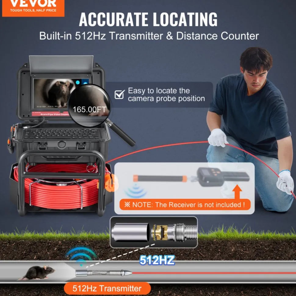 VEVOR Sewer Camera, 328 ft/100m, Self-Leveling Drain Camera with 10.1" Touchscreen, 512Hz Transmitter & Distance Counter, IP67 Snake Plumbing Camera with Lights-12 LED, 32GB Card for Duct Pipe