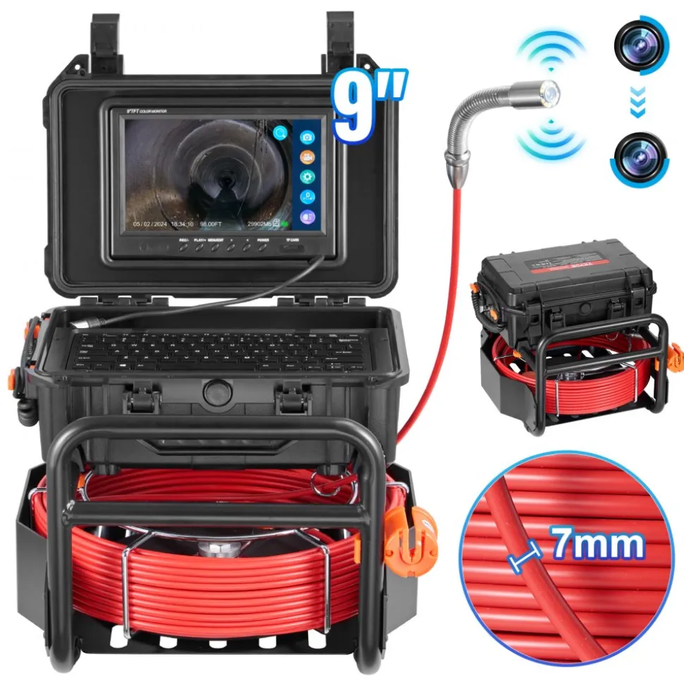 VEVOR Sewer Camera, 98 ft/30m, Self-Leveling Drain Camera with 512Hz Transmitter, Distance Counter, 9" Screen 1080P HD Snake Plumbing Camera with Light-12 LED & 32GB Card for Duct Pipe