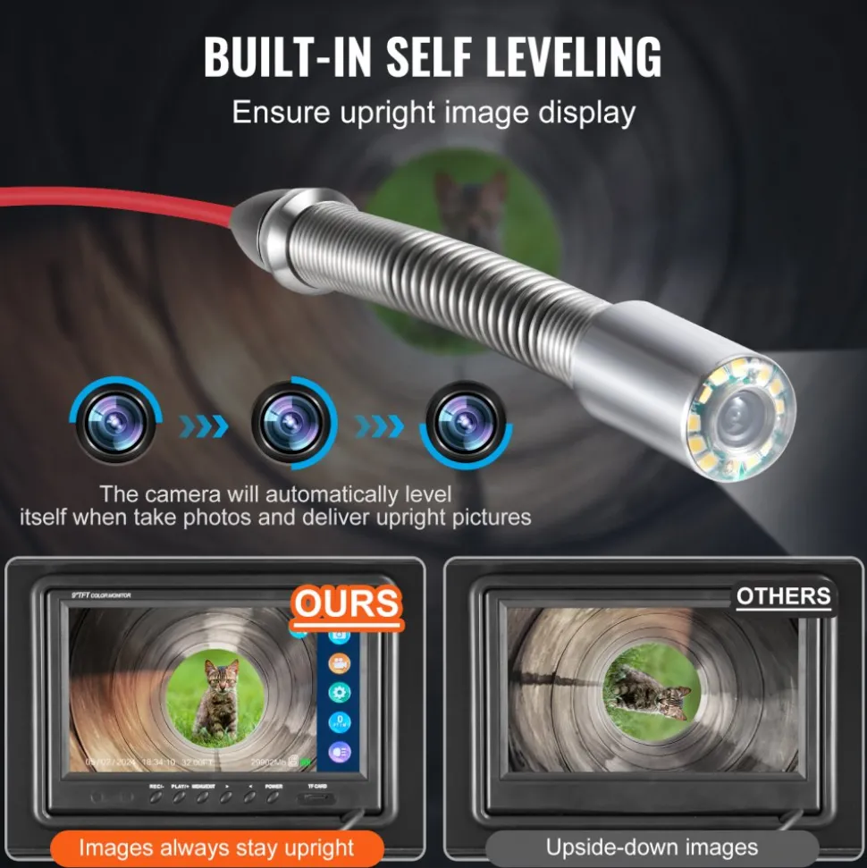 VEVOR Sewer Camera, 98 ft/30m, Self-Leveling Drain Camera with 512Hz Transmitter, Distance Counter, 9" Screen 1080P HD Snake Plumbing Camera with Light-12 LED & 32GB Card for Duct Pipe