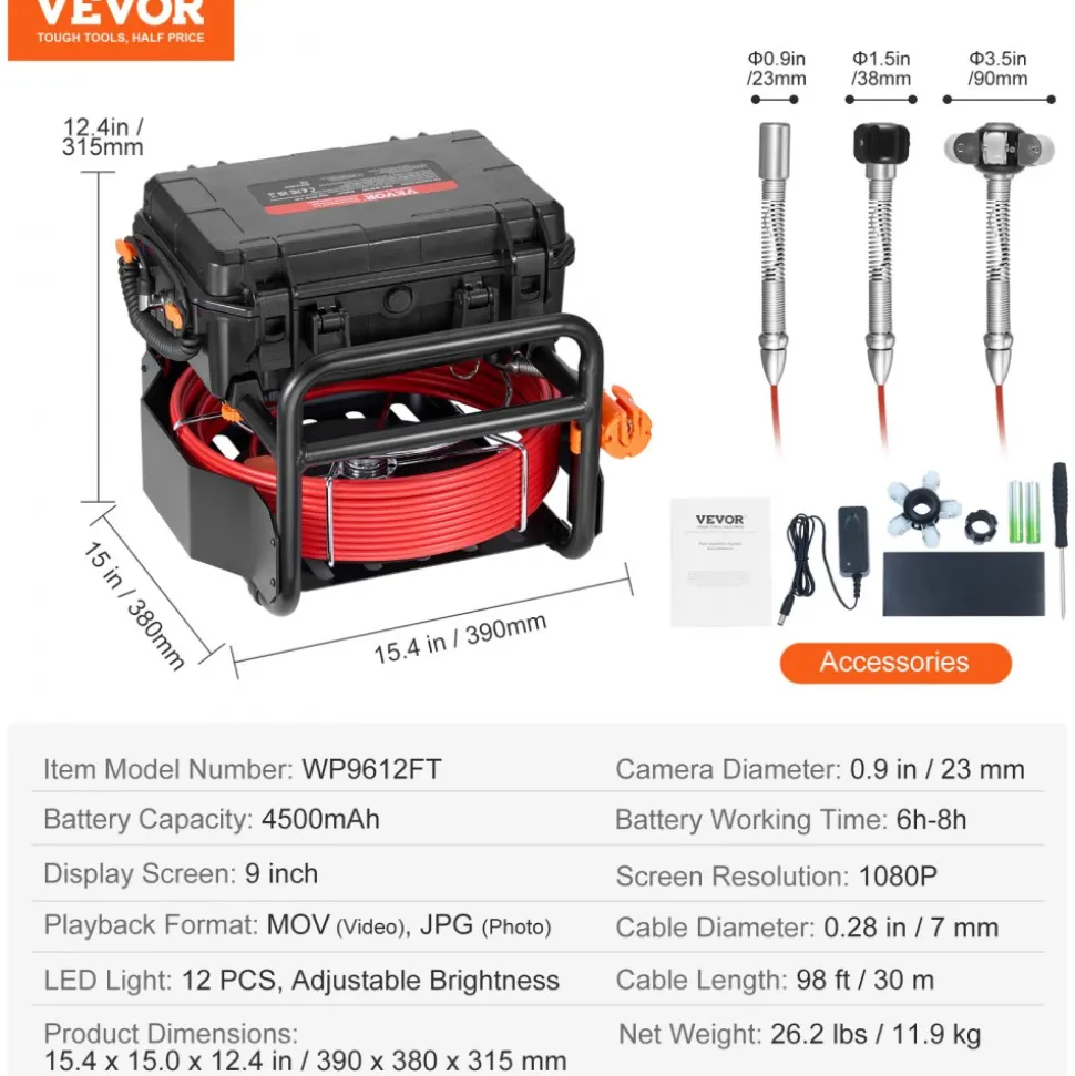 VEVOR Sewer Camera, 98 ft/30m, Self-Leveling Drain Camera with 512Hz Transmitter, Distance Counter, 9" Screen 1080P HD Snake Plumbing Camera with Light-12 LED & 32GB Card for Duct Pipe