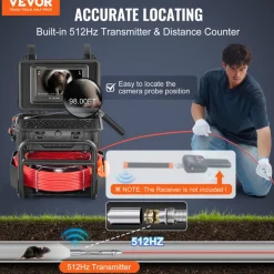 VEVOR Sewer Camera, 98 ft/30m, Self-Leveling Drain Camera with 512Hz Transmitter, Distance Counter, 9