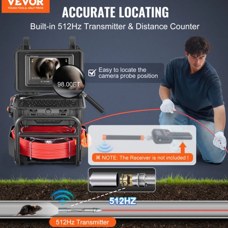 VEVOR Sewer Camera, 98 ft/30m, Self-Leveling Drain Camera with 512Hz Transmitter, Distance Counter, 9" Screen 1080P HD Snake Plumbing Camera with Light-12 LED & 32GB Card for Duct Pipe