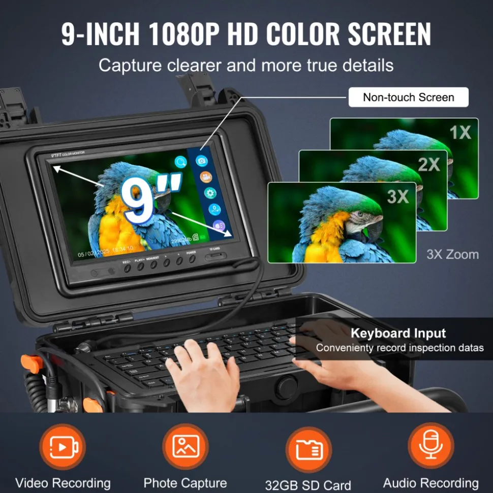 VEVOR Sewer Camera, 98 ft/30m, Self-Leveling Drain Camera with 512Hz Transmitter, Distance Counter, 9" Screen 1080P HD Snake Plumbing Camera with Light-12 LED & 32GB Card for Duct Pipe