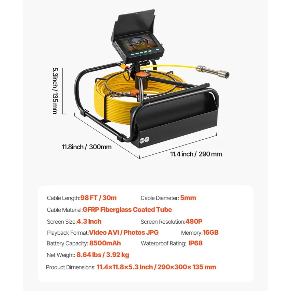 VEVOR Sewer Camera 30M Cable Pipeline Inspection Camera 11cm TFT LCD Monitor Pipe Camera Screen Waterproof IP68 Duct Inspection Camera with 6PCS LEDs 8500MAH Lithium Battery, DVR Function, 30M