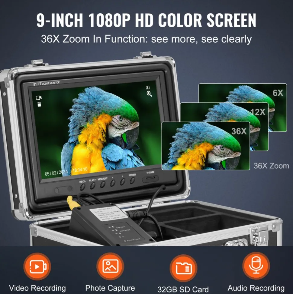 VEVOR Sewer Camera with 512Hz Locator, 98 ft/30 m, Self-Leveling Drain Inspection Camera with 9" 1080P HD Screen, 36X Zoom, Snake Plumbing Camera with Lights-12 LED, 32GB SD Card for Duct Pipe
