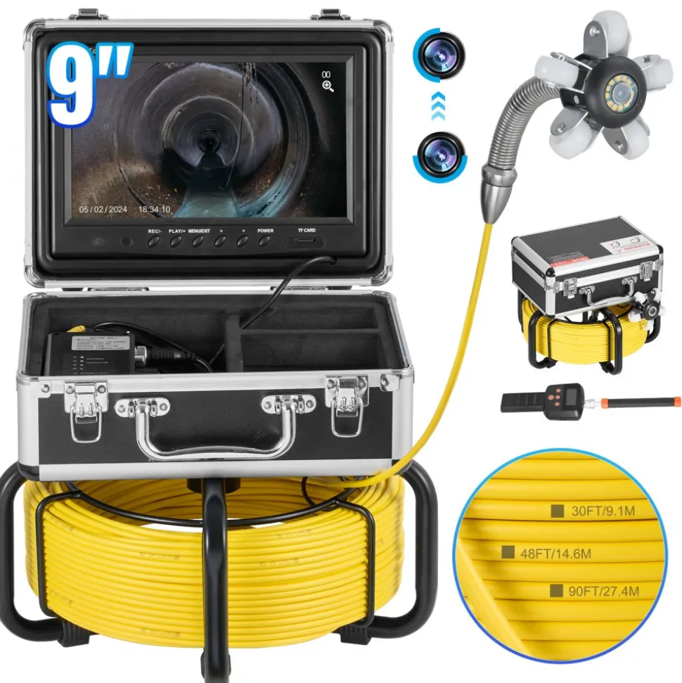 VEVOR Sewer Camera with 512Hz Locator, 98 ft/30 m, Self-Leveling Drain Inspection Camera with 9" 1080P HD Screen, 36X Zoom, Snake Plumbing Camera with Lights-12 LED, 32GB SD Card for Duct Pipe