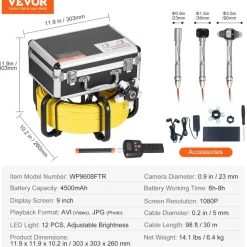VEVOR Sewer Camera with 512Hz Locator, 98 ft/30 m, Self-Leveling Drain Inspection Camera with 9
