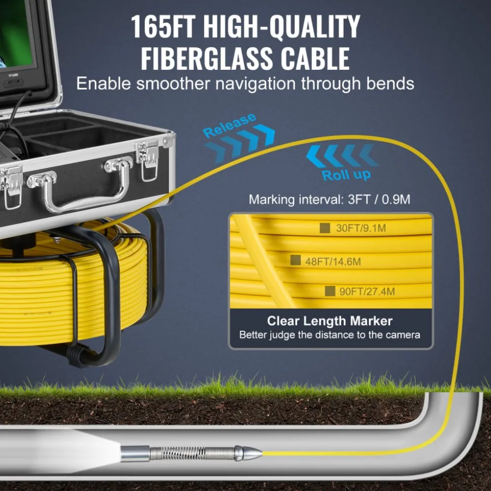 VEVOR Sewer Camera with 512Hz Locator,165 ft/50 m, Self-Leveling Drain Inspection Camera with 9" 1080P HD Screen, 36X Zoom, Snake Plumbing Camera with Lights-12 LED, 32GB SD Card for Duct Pipe