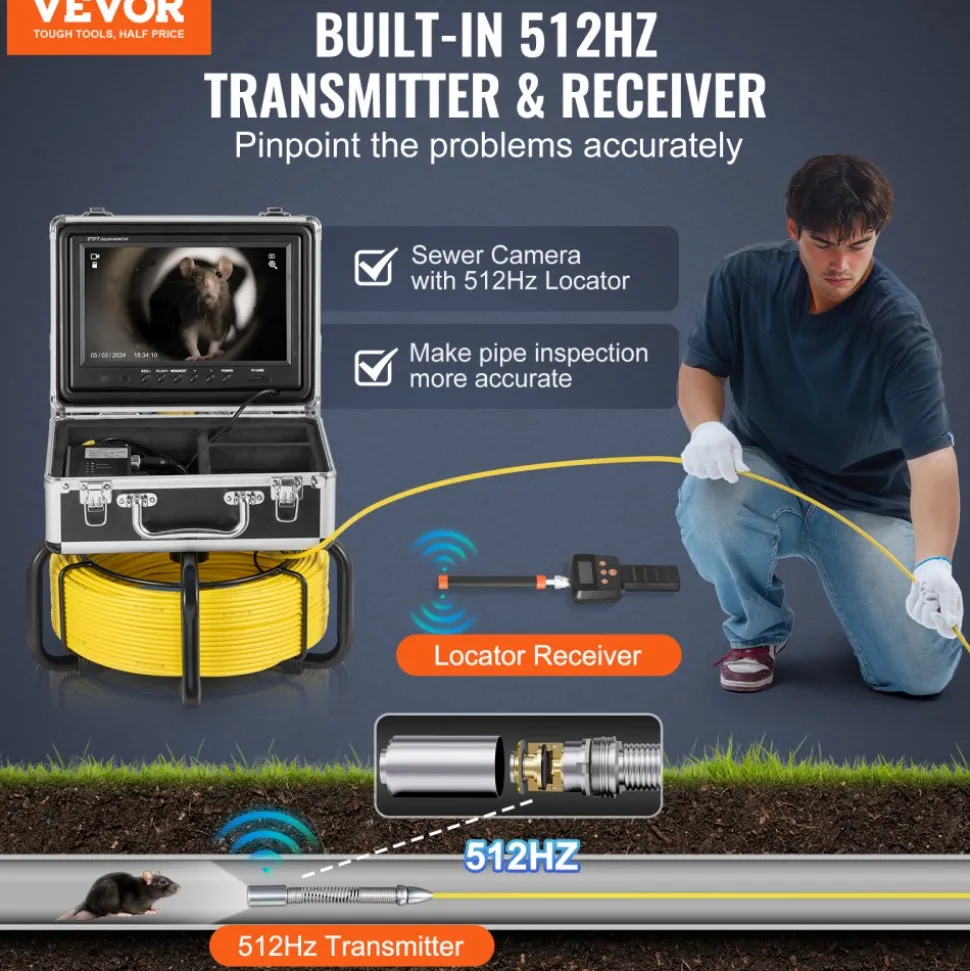 VEVOR Sewer Camera with 512Hz Locator,165 ft/50 m, Self-Leveling Drain Inspection Camera with 9" 1080P HD Screen, 36X Zoom, Snake Plumbing Camera with Lights-12 LED, 32GB SD Card for Duct Pipe