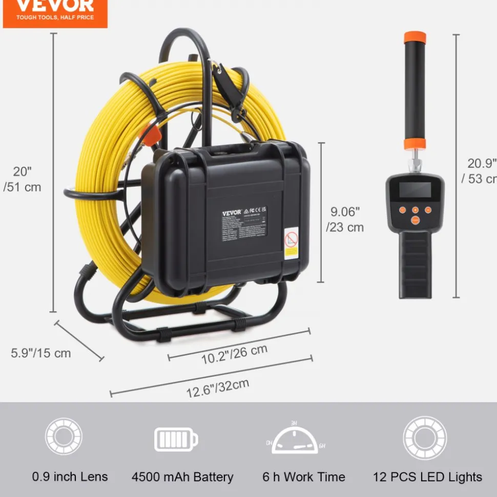 VEVOR Sewer Camera with 512Hz Locator, 164 ft/50 m, 9" Pipeline Inspection Camera with DVR Function, IP68 Camera with 12 Adjustable LEDs, A 16 GB SD Card for Sewer Line, Home, Duct Drain Pipe Plumbing