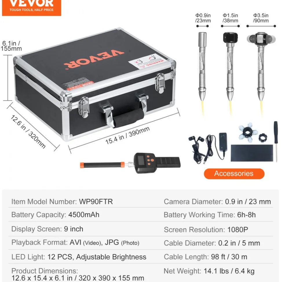 VEVOR Sewer Camera with 512Hz Locator, 98 ft/30 m, 9" Drain Inspection Camera with Self-Leveling, 36X Zoom, Plumbing Camera with Lights-12 LED, 32GB Card, IP68 Waterproof Snake Camera for Duct Pipe