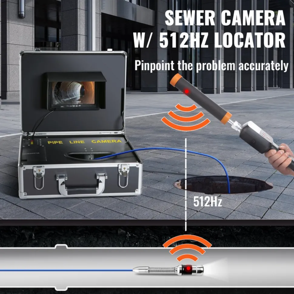 VEVOR Sewer Camera with 512Hz Locator, 131 ft/40 m, 7" Pipeline Inspection Camera with DVR Function, IP68 Camera with 12 Adjustable LEDs, A 16 GB SD Card for Sewer Line, Home, Duct Drain Pipe Plumbing