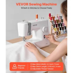 VEVOR Sewing Machine, 18 Stitch Applications, with LED Light and Foot Pedal, Simple Dial Control, Interior Metal Frame, Lightweight and Portable Beginner Sewing Machine for Adults Crafts and Mending