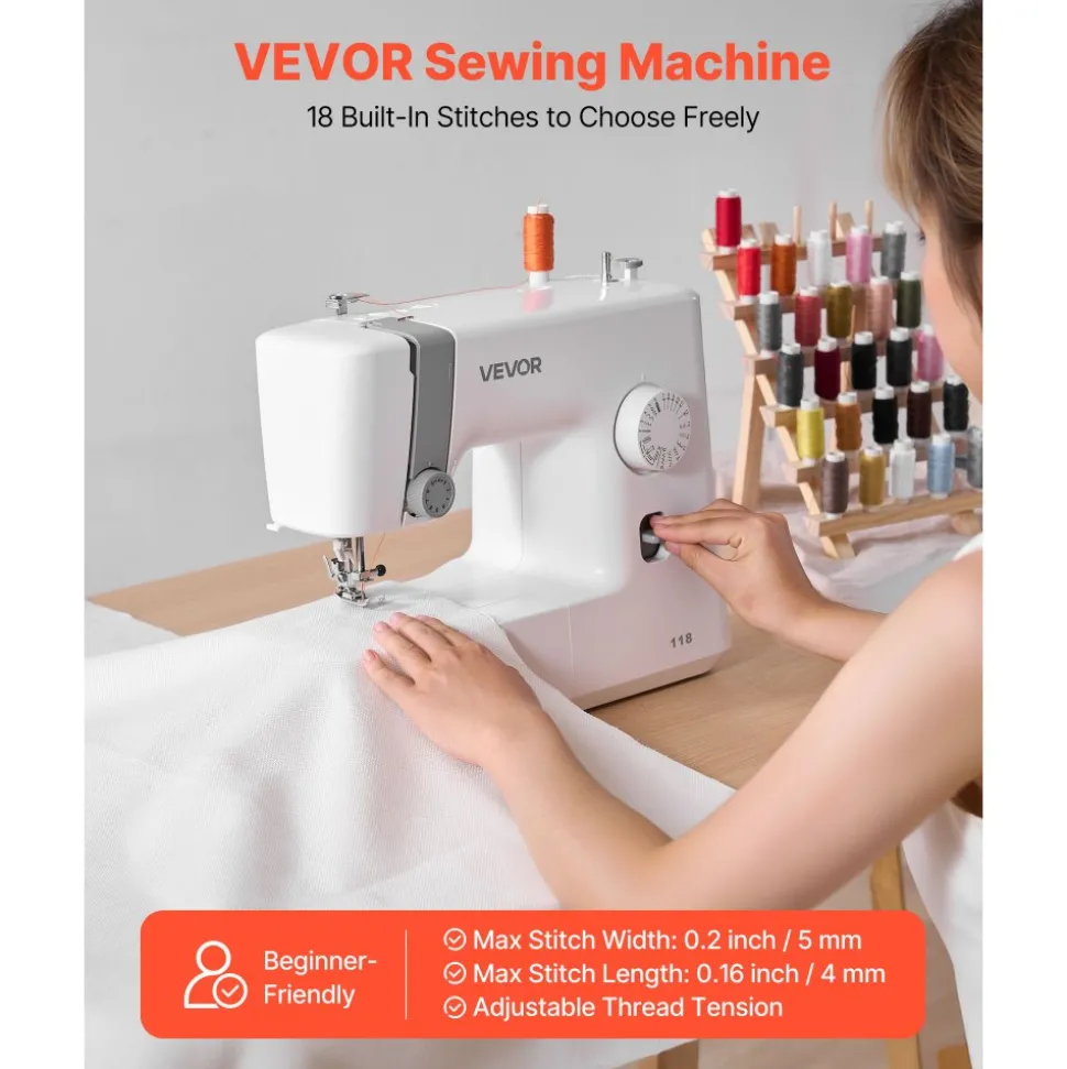 VEVOR Sewing Machine, 18 Stitch Applications, with LED Light and Foot Pedal, Simple Dial Control, Interior Metal Frame, Lightweight and Portable Beginner Sewing Machine for Adults Crafts and Mending