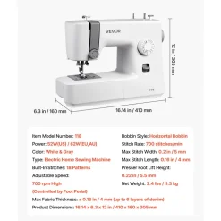 VEVOR Sewing Machine, 18 Stitch Applications, with LED Light and Foot Pedal, Simple Dial Control, Interior Metal Frame, Lightweight and Portable Beginner Sewing Machine for Adults Crafts and Mending