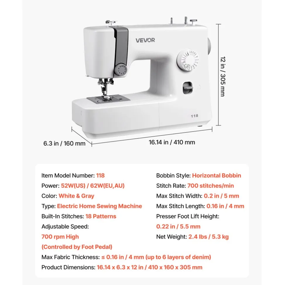VEVOR Sewing Machine, 18 Stitch Applications, with LED Light and Foot Pedal, Simple Dial Control, Interior Metal Frame, Lightweight and Portable Beginner Sewing Machine for Adults Crafts and Mending