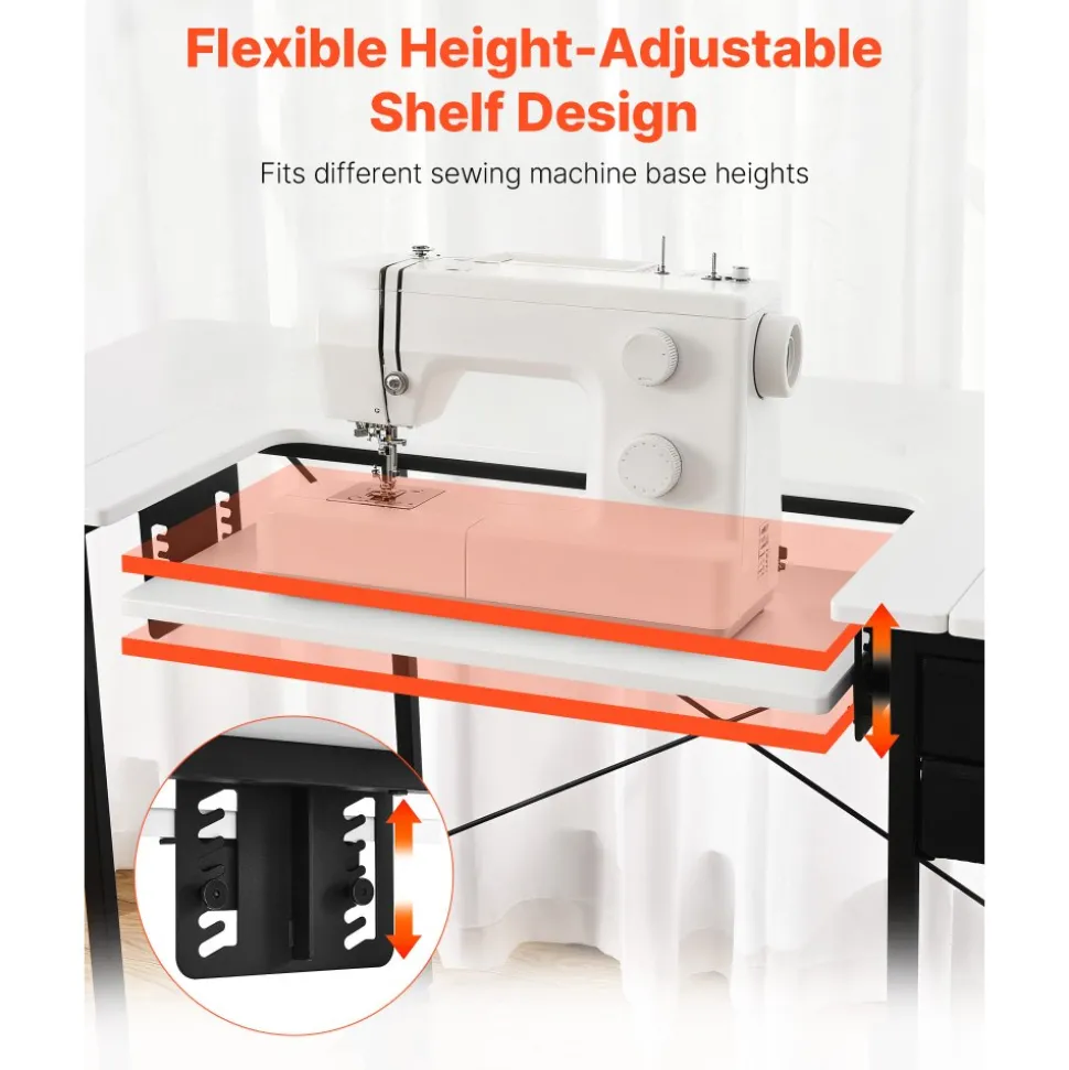 VEVOR Sewing Table, Multipurpose Sewing Machine Table with Drawers, Foldable Side Shelf, Adjustable Shelf, Steel Legs, Computer Desk for Home, Fashion Studio, Art Studio, Educational Institution