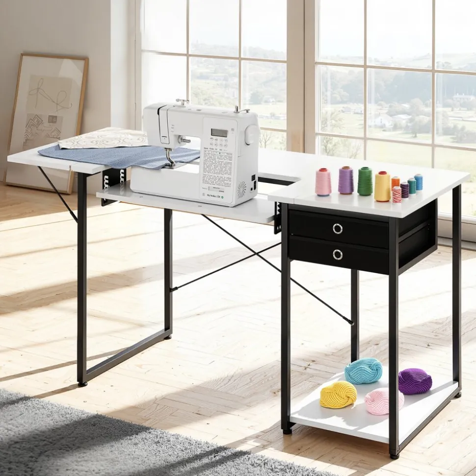VEVOR Sewing Table, Multipurpose Sewing Machine Table with Drawers, Foldable Side Shelf, Adjustable Shelf, Steel Legs, Computer Desk for Home, Fashion Studio, Art Studio, Educational Institution