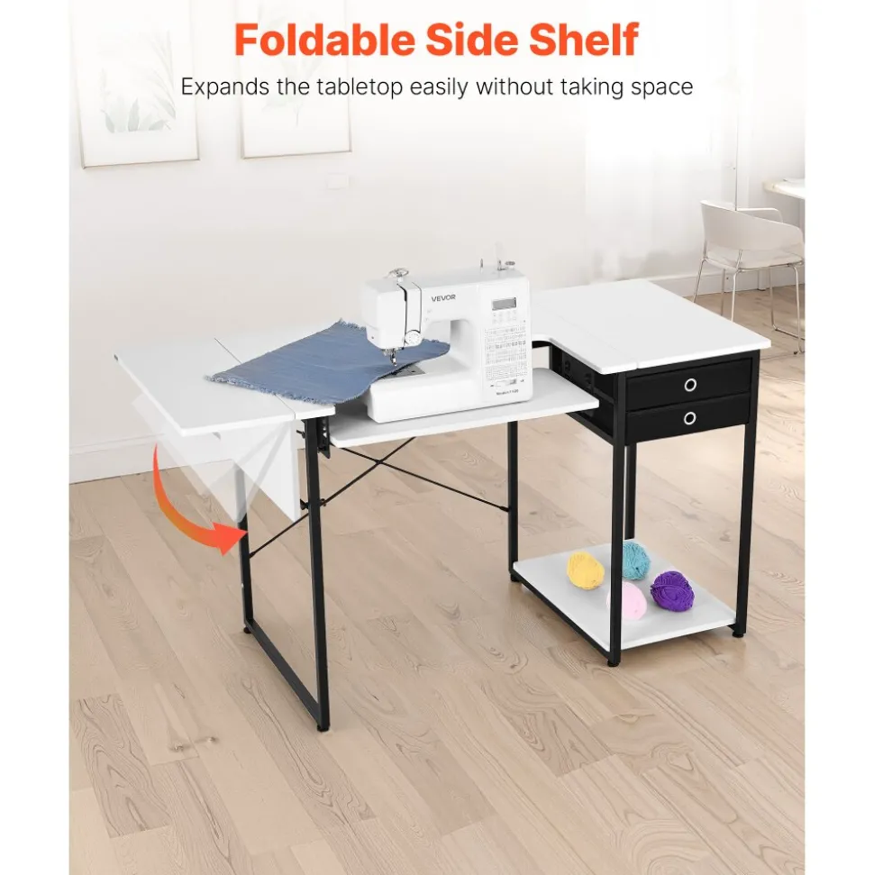 VEVOR Sewing Table, Multipurpose Sewing Machine Table with Drawers, Foldable Side Shelf, Adjustable Shelf, Steel Legs, Computer Desk for Home, Fashion Studio, Art Studio, Educational Institution