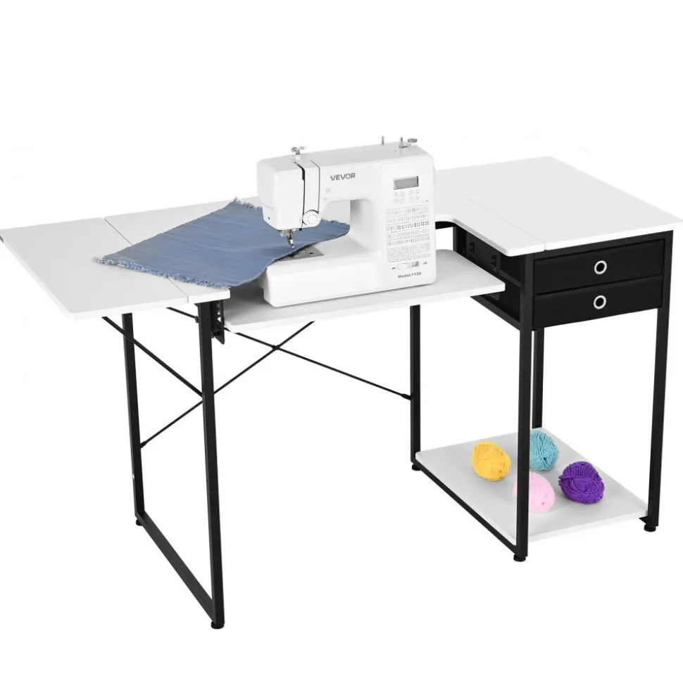 VEVOR Sewing Table, Multipurpose Sewing Machine Table with Drawers, Foldable Side Shelf, Adjustable Shelf, Steel Legs, Computer Desk for Home, Fashion Studio, Art Studio, Educational Institution