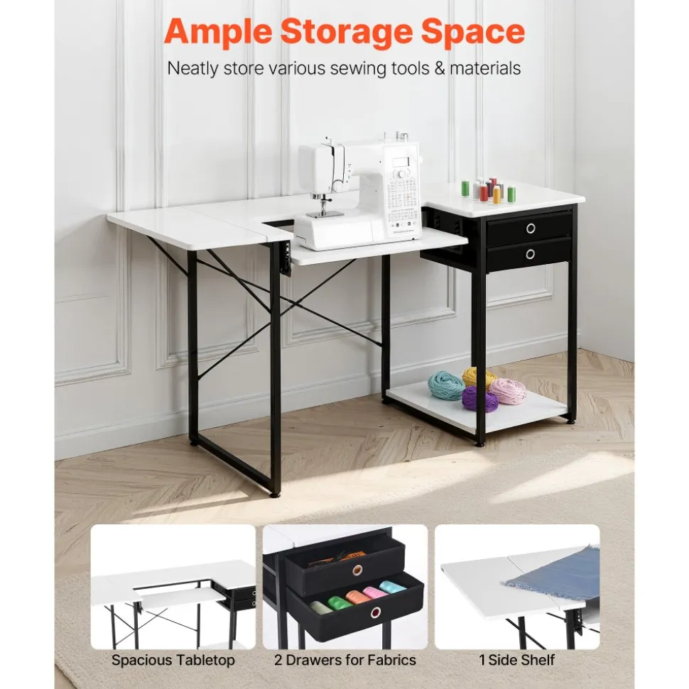 VEVOR Sewing Table, Multipurpose Sewing Machine Table with Drawers, Foldable Side Shelf, Adjustable Shelf, Steel Legs, Computer Desk for Home, Fashion Studio, Art Studio, Educational Institution