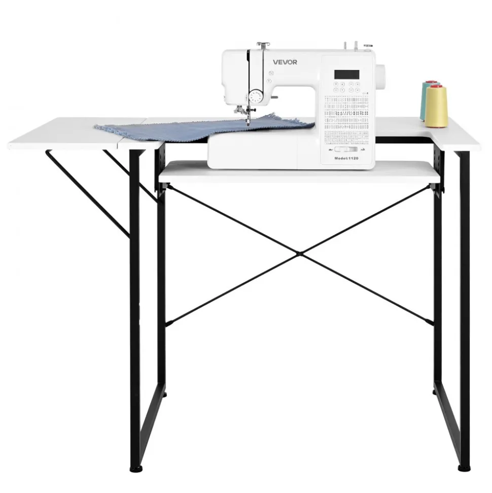 VEVOR Sewing Table, Multipurpose Sewing Machine Table with Foldable Side Shelf, Adjustable Shelf, Steel Legs, Computer Desk for Home, Fashion Studio, Art Studio, Educational Institution, White