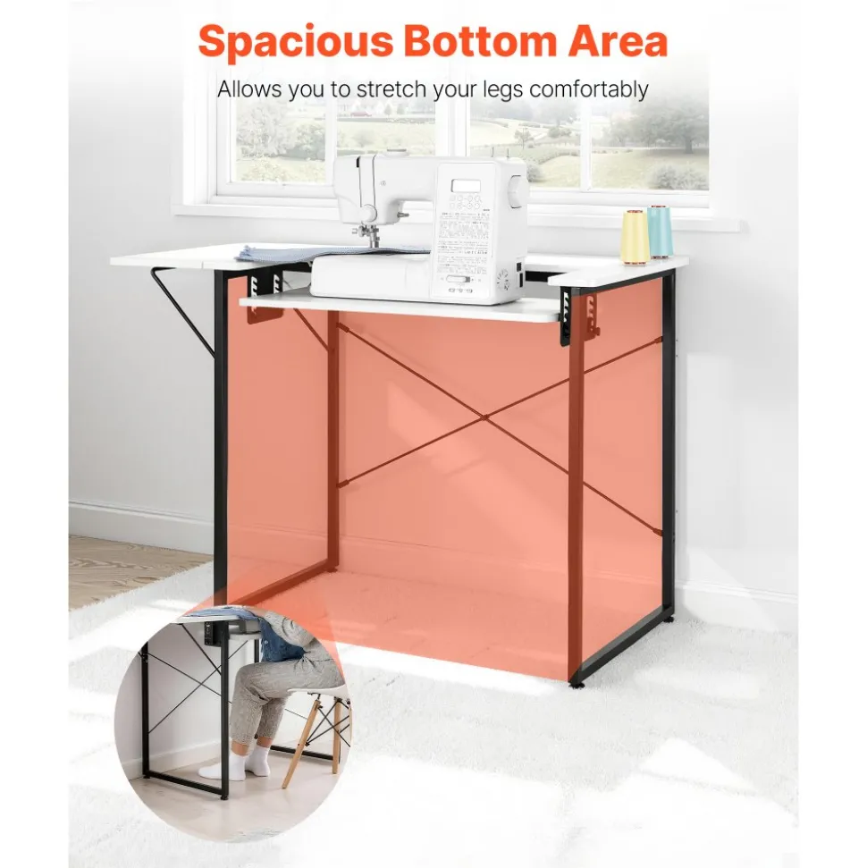 VEVOR Sewing Table, Multipurpose Sewing Machine Table with Foldable Side Shelf, Adjustable Shelf, Steel Legs, Computer Desk for Home, Fashion Studio, Art Studio, Educational Institution, White