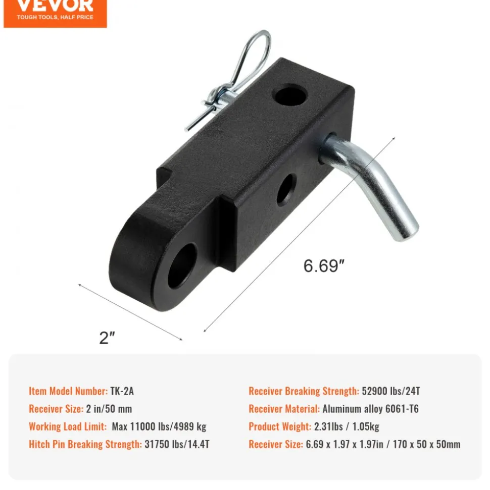VEVOR Shackle Hitch Receiver, Fits 2" Receivers, 52900 lbs Breaking Strength, Heavy Duty Towing Accessories with Trailer Hitch Lock Pin for Trucks, Jeeps, Off-Road Vehicle Recovery, Aluminum Alloy