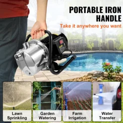 VEVOR Shallow Well Pump, 1.1 HP 115V, 978 GPH 131 ft Height, 40psi Max Pressure, Portable Stainless Steel Sprinkler Booster Jet Pumps for Garden Lawn Irrigation system, Lake Fountain, Water Transfer