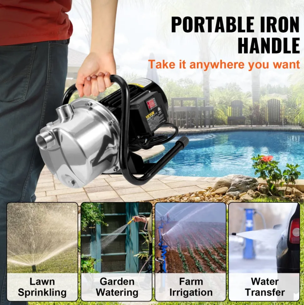 VEVOR Shallow Well Pump, 1.1 HP 115V, 978 GPH 131 ft Height, 40psi Max Pressure, Portable Stainless Steel Sprinkler Booster Jet Pumps for Garden Lawn Irrigation system, Lake Fountain, Water Transfer