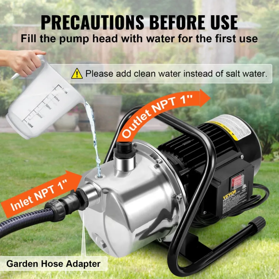VEVOR Shallow Well Pump, 1.1 HP 115V, 978 GPH 131 ft Height, 40psi Max Pressure, Portable Stainless Steel Sprinkler Booster Jet Pumps for Garden Lawn Irrigation system, Lake Fountain, Water Transfer