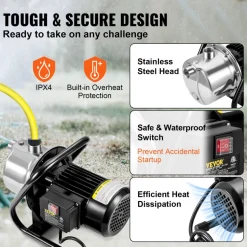 VEVOR Shallow Well Pump, 1.1 HP 115V, 978 GPH 131 ft Height, 40psi Max Pressure, Portable Stainless Steel Sprinkler Booster Jet Pumps for Garden Lawn Irrigation system, Lake Fountain, Water Transfer