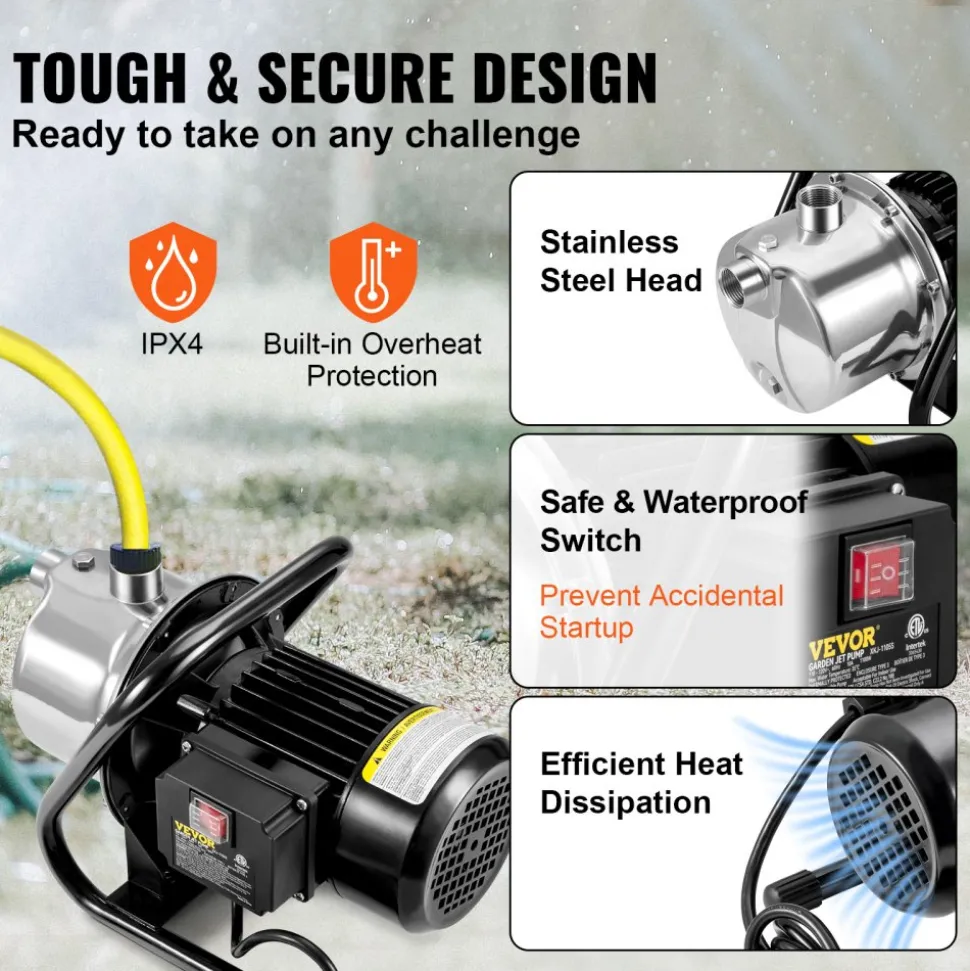 VEVOR Shallow Well Pump, 1.1 HP 115V, 978 GPH 131 ft Height, 40psi Max Pressure, Portable Stainless Steel Sprinkler Booster Jet Pumps for Garden Lawn Irrigation system, Lake Fountain, Water Transfer