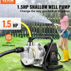 VEVOR Shallow Well Pump, 1.5 HP 115V, 1200 GPH 164 ft Height, 87 psi Max Pressure, Portable Stainless Steel Sprinkler Booster Jet Pumps for Garden Lawn Irrigation system, Lake Fountain, Water Transfer